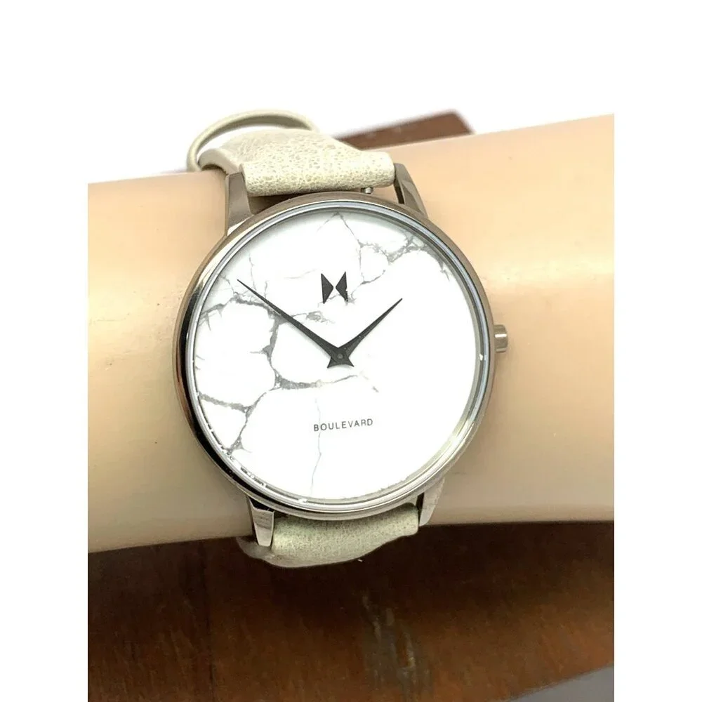MVMT Women's Watch QMB01-Tima Quartz White Gray Marble Dial Leather Band 38mm